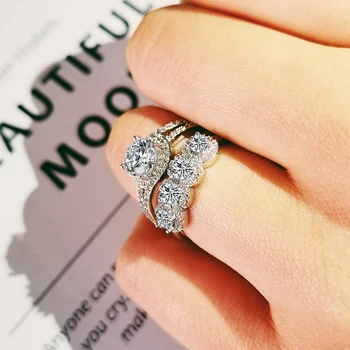 2020 luxo nova rodada de reais de prata 925 esterlina, anel de casamento definida para as mulheres-dama presente de aniversário jóias por atacado moonso R5135