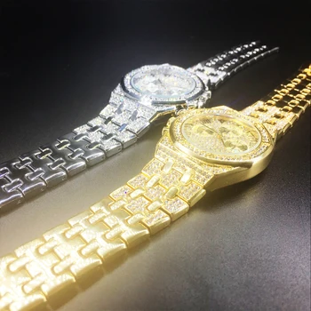 Hip Hop Relógios para Homens Gelado Cheio Bling do Diamante dos Homens de Quartzo Relógio de Homem em Ouro de 18K, Prata Moda Masculina Relógio Impermeável Relógio