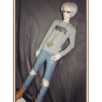 Moda 1/3 BJD Manga Longa Camiseta Jeans Rasgados Conjunto de Roupa de Roupa Acessório para Normal 70cm Tio Tamanho da Boneca