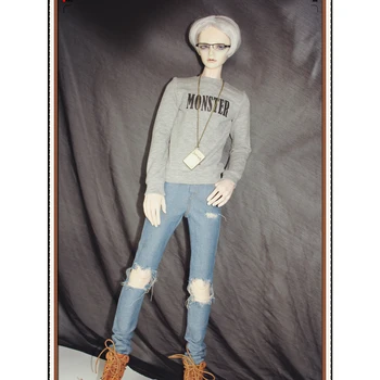 Moda 1/3 BJD Manga Longa Camiseta Jeans Rasgados Conjunto de Roupa de Roupa Acessório para Normal 70cm Tio Tamanho da Boneca