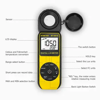 BTMETER Digital Lux Meter,Medidor de Luz,Medida 0.01~De 400.000 Lux e Temperatura com 270 ° Rodada do Sensor para as Plantas