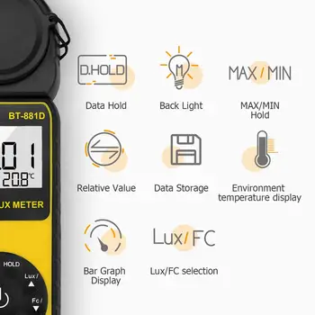 BTMETER Digital Lux Meter,Medidor de Luz,Medida 0.01~De 400.000 Lux e Temperatura com 270 ° Rodada do Sensor para as Plantas