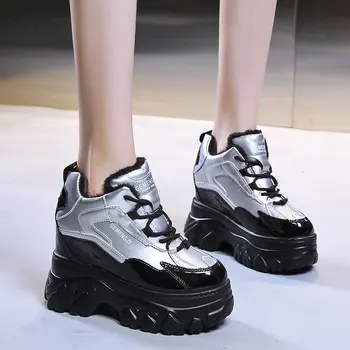 Inverno Laço Cunhas de Calçados Casuais das Mulheres de Prata Robusto Tênis de 11 cm, Plataforma, Botas de Tenis Sapatos Formadores Pai Sapatos de Mulher