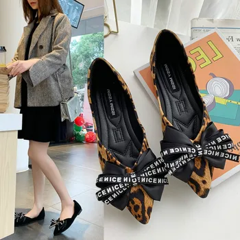 2019 Primavera Novas Senhoras De Grande Arco-Nó Flats Leopard Impresso Dedo Apontado Mulheres Sapatos De Festa Escritório Moda Casual Sapatos