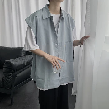 Os homens de Camisas de Meia manga-Vire para baixo de Gola Verão Japonês coreano Estilo Camisa Solta Harajuku Outwear Mens Alunos Streetwear Tops