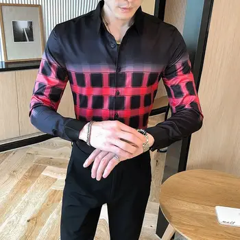 2020 Outono Homens Magro de Camisa Xadrez na Moda Ocasionais de Mens Camisas Camiseta Masculina de Alta Qualidade Camisas para Homens Vestido coreano Homens de Roupa
