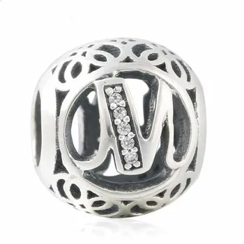 Verão 925-Sterling-Silver Vintage Alfabeto Cúbicos de Zircônia Letra M Calado Encantos Contas se Encaixa pulseiras Pandora jóias