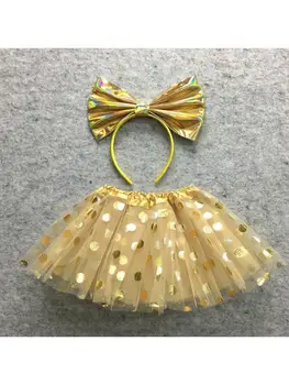 A criança de Meninas Bolinhas de Ouro 3 Camadas de Saia Tutu com Metalizado Grande Arco de Cabeça 23GD