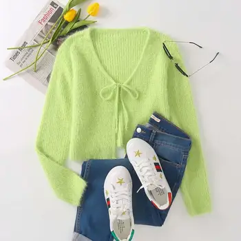 ZITY Verde Casaquinho de Mulheres Cortada Blusas coreano Long Sleeve Top de Cultura Camisola Knitteed de Pescoço de V Fuzzy casaco de lã Mohair Camisola Fal