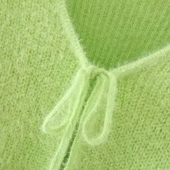 ZITY Verde Casaquinho de Mulheres Cortada Blusas coreano Long Sleeve Top de Cultura Camisola Knitteed de Pescoço de V Fuzzy casaco de lã Mohair Camisola Fal