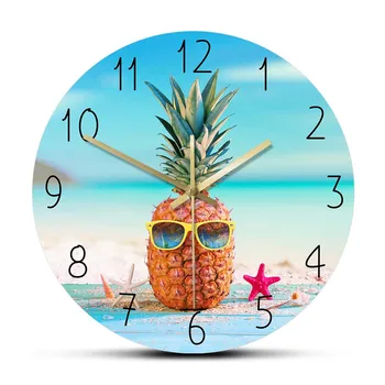 Abacaxi Com Óculos De Sol Em Seahore Verão Relógio De Parede Design Moderno Botânico De Fruto De Cozinha, Relógio De Parede Sala De Jantar Decoração Arte