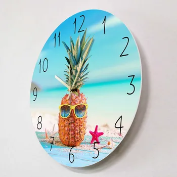 Abacaxi Com Óculos De Sol Em Seahore Verão Relógio De Parede Design Moderno Botânico De Fruto De Cozinha, Relógio De Parede Sala De Jantar Decoração Arte