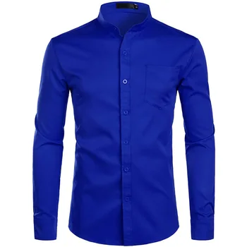 Homens de Azul da Camisa Formal 2020 Stand Colarinho de Camisa masculina Manga Longa Casual Botão no Bolso da Camisa