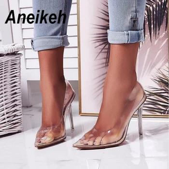 Aneikeh 2019 Verão Nova Moda de PVC Transparente, Salto Alto 11 cm Fino Salto Alto Superficial Boca Apontou Sexy Calçados femininos de damasco