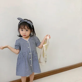 2019 Chegada da Primavera Novo estilo coreano de algodão xadrez de manga curta vestido de princesa com fita para a cabeça para bonito doce bebê meninas