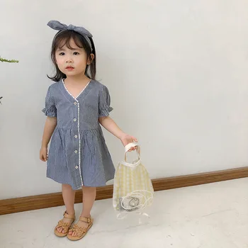 2019 Chegada da Primavera Novo estilo coreano de algodão xadrez de manga curta vestido de princesa com fita para a cabeça para bonito doce bebê meninas