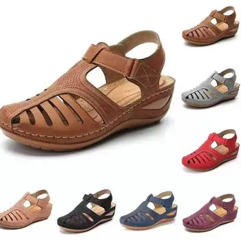 Mulher De Verão De Couro Vintage Sandálias Fivela Casual De Costura Mulheres Sapatos Femininos Senhoras Plataforma Retro Sandalias Mais 35-43