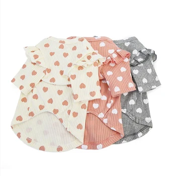 Branca-de-rosa Cinzento de Estimação de Algodão Roupas Quentes Hoodies Camiseta Padrão de Coração O decote em Renda Manga Curta Camisola Camisola Para Cães de Pequeno porte