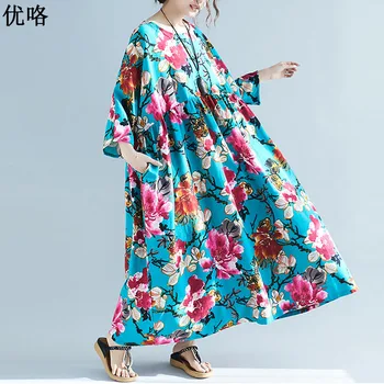 Plus Size Boho Vestidos Para Mulheres 4XL 5XL 6XL 7XL Grande Vestido de Verão Robe Feminino Arte Floral Impresso Roupa de cama de Algodão Vestido Maxi 2019