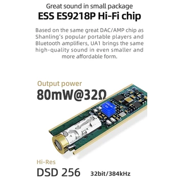 SHANLING UA1 Hi-Fi gratuito Chip DSP 256 Hi-Res 32 bits/384Khz USB-C / DAC/AMP Adaptador Com Alta Pureza Cabo de Cobre