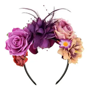 Mulheres, Dia dos Mortos Mexicano Cabeça Contraste Colorido Artificial Flor de Rosa Penas Coroa Garland Festa de Halloween Cabelo Aro