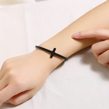 Vnox Cruz Simples Pulseira para as Mulheres os Homens de Preto de Aço Inoxidável, Bracelete de Casual Elegante Religiosa Jesus a Crença de Jóias