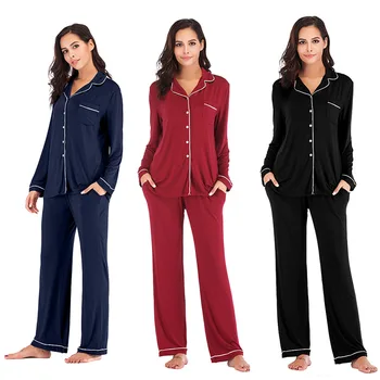 Envio rápido Modal de Mulheres Pijama Conjunto de Outono Inverno, Pijamas Sólido Pijamas Sexy para Casa Roupas Para Mulheres de Lingerie