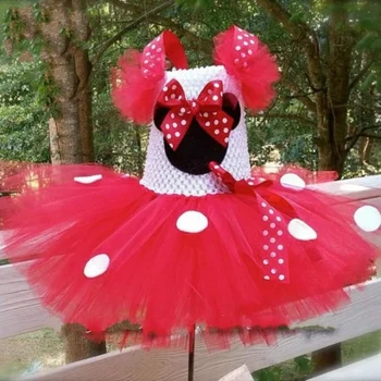 Meninas bonitos Vermelho do Minnie do Mickey de Tutu Vestido de Bebê de Crochê Vestido de Tule com Pontos Brancos e Hairbow Crianças da Festa de Aniversário de Vestidos de Cosplay