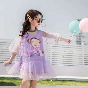 Verão, as meninas de vestido de bebê vestido de crianças streetwear Crianças vestidos Europa menina puff luva de malha do cabo do arco-íris costela de 4 a 14 anos