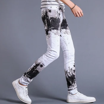 2019 novidades de moda algodão impresso homens brancos, calças jeans slim fit casual, de jeans, calças 28-36 AYG290