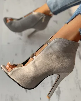 Moda, Mulher de Salto Alto de Novo com Zíper Sexy Rebanho Aberto Toe Calcanhar Mulheres Bombas de Cor Sólida de Metal de Decoração de Sapatos de Senhoras