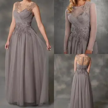 Simples de Uma Linha-Mãe Da Noiva Vestidos de Cinza Com uma camisa de Chiffon Applique Lace Vestidos de Noite robe de soirée de mariage 2021