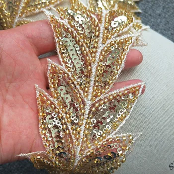 Novo ouro bordado forma de folha de unhas esferas de lantejoulas, rendas adequado para vestidos de noiva, moda e outros DIY