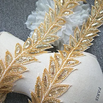 Novo ouro bordado forma de folha de unhas esferas de lantejoulas, rendas adequado para vestidos de noiva, moda e outros DIY