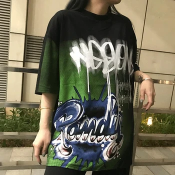Mulheres Soltas Letra T-shirt de Rua, Hip-hop Gotejamento de Tinta Design Falsificar Graffiti de Manga Curta tamanho grande Médio Longa Secção