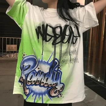 Mulheres Soltas Letra T-shirt de Rua, Hip-hop Gotejamento de Tinta Design Falsificar Graffiti de Manga Curta tamanho grande Médio Longa Secção