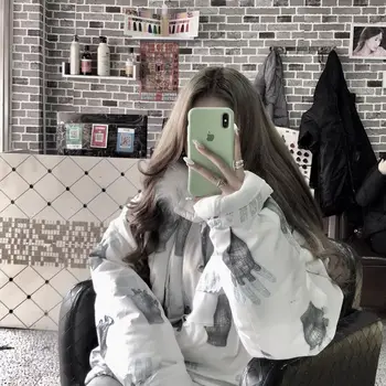 Mulheres Acolchoado Coats 2019 Inverno Coreano Moda Harajuku Impressão De Dedo Branco Parkas Solta Streetwear De Pele Com Capuz Jaqueta De Lenços De Papel