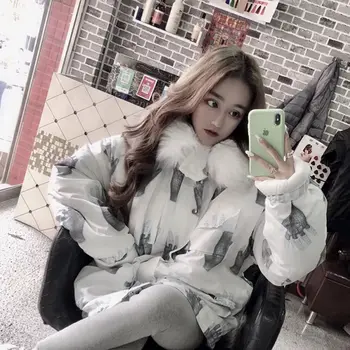 Mulheres Acolchoado Coats 2019 Inverno Coreano Moda Harajuku Impressão De Dedo Branco Parkas Solta Streetwear De Pele Com Capuz Jaqueta De Lenços De Papel