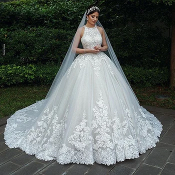 Luxo De Rendas Muçulmano Noiva Vestidos De Noiva Uma Linha 2020 Novas Tribunal Trem Sem Mangas De Noiva, Vestidos De Casamento Plus Size Veste De Mariee