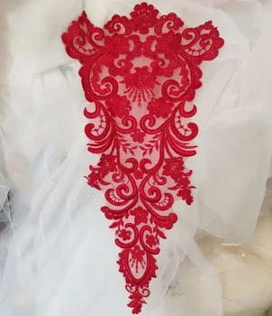 Preto Vermelho Ivory Frisado de Luxo Bordado Lace de Volta Flor Adesivos de Casamento Vestido de desfile de Moda da Decoração Artesanal DIY RS2957