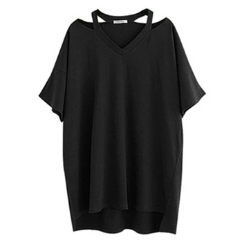 Mulheres Grandes Camiseta Preta Top Plus Size 5XL 6XL 7XL 8XL 100KG de 130 kg de Algodão Mulheres Solto T-Shirt de Verão T-Shirt Para Mulher de Pescoço de V