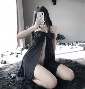 OJBK Pijamas Noite Vestido Erótico Sexo Roupas de Mulheres Sensuais de Lingerie de Rendas Babados Manto de Ver através de Boneca com roupa interior 2020 Novo
