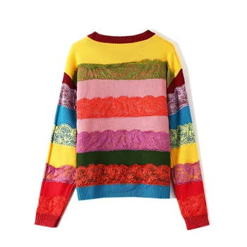 2020 coreano arco-íris camisola de mulher nova de outono e inverno bordado de gato splicing laço listra lã, malhas conjunto tendência B-087
