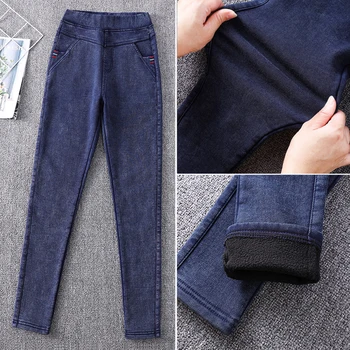 Plus Size 6XL Além de Veludo Engrossar Jeans Skinny Mulher de Inverno Lápis de Cintura Alta Jeans Femme Longa do Denim, Calças de Calças de Mulher