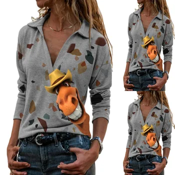 2021 Primavera Engraçado Cavalo de Impressão Decote em V T-Shirt Casual Mulheres Vire para baixo de Gola Animal Print Pulôver Solta Tos