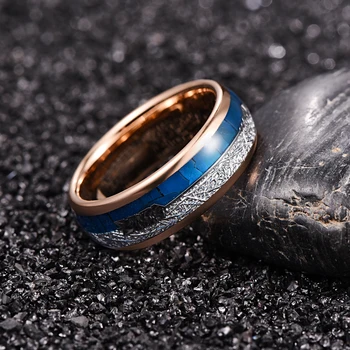 8mm de Largura de Carboneto de Tungstênio Anel Rosa Chapeamento de Ouro Incrustada Azul Shell Meteorito Seta da Abóbada de Aço de Tungstênio Anel de Casamento de Homens Jóias