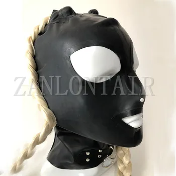 Exótica travesti sexy lingerie handmade preto de látex capuzes máscara cekc com o dobro de dois pigtail Torcido tranças peruca fetiche