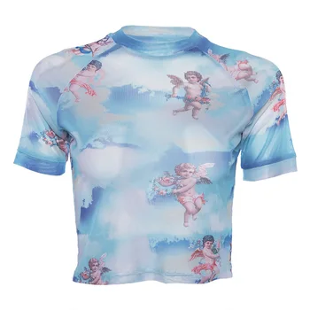 U-JURO Nova Malha Cupido Anjo S-Neck T-Shirts, Tops Mulheres Transparente 2020 Ver Através Azul Elástica Magro Crop Tops Elástico