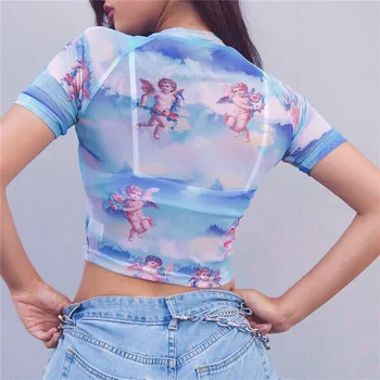 U-JURO Nova Malha Cupido Anjo S-Neck T-Shirts, Tops Mulheres Transparente 2020 Ver Através Azul Elástica Magro Crop Tops Elástico