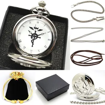 Nova Prata Fullmetal Alchemist Quartzo Relógio de Bolso Colar de Corrente de Couro Caixa de Saco Relógio De Bolso P421CKWB